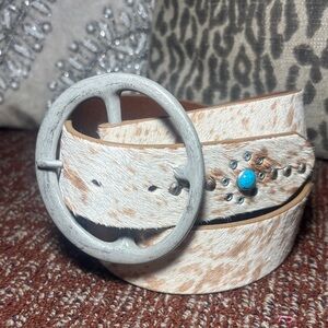 Cow print belt White and Brown Belt with Turquoise Accent genuine leather 34
